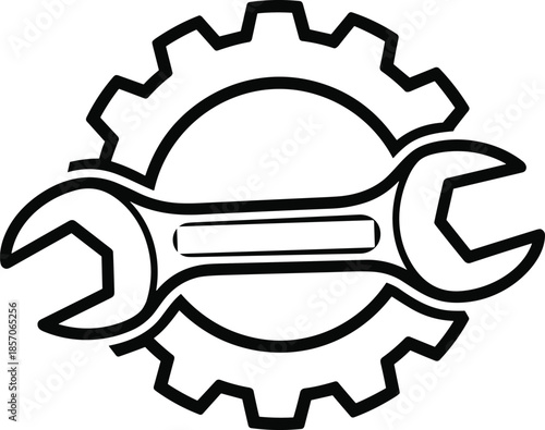 Mechanical settings wrench and gear icon, repair service symbol, engineering maintenance concept, industrial tools illustration, technical support graphic
