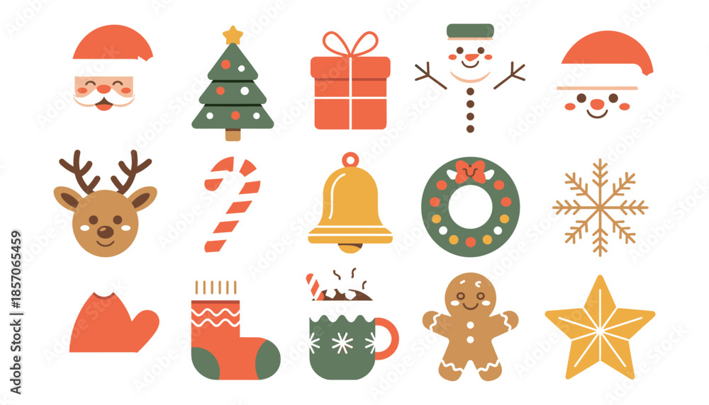 Fototapeta premium Christmas Icon Set Santa Snowman Reindeer Gift Tree Winter Holiday Cute Vector Illustration