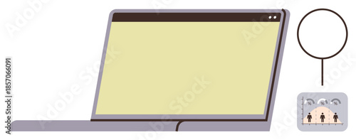 Open laptop with a large screen, magnifying glass, and chart showing data trends with human figures. Ideal for technology, data analysis, research, productivity, business, online tools education