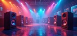 Concert speakers line up on club floor with vibrant pink and blue stage lights. Music equipment ready for loud party or dj set in dark disco venue.