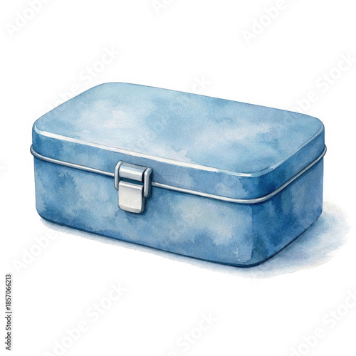 Reusable metal lunch box container, minimalist food storage isolated on white background