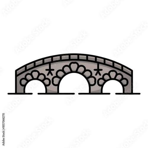 Ancient stone bridge with three arches and ornate design isolated on white background