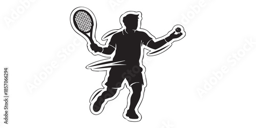 Athlete man with a racket and ball, tennis sport concept. Vector graphics. Tennis player, sportsman sign on white background, style icon mobile or web desig