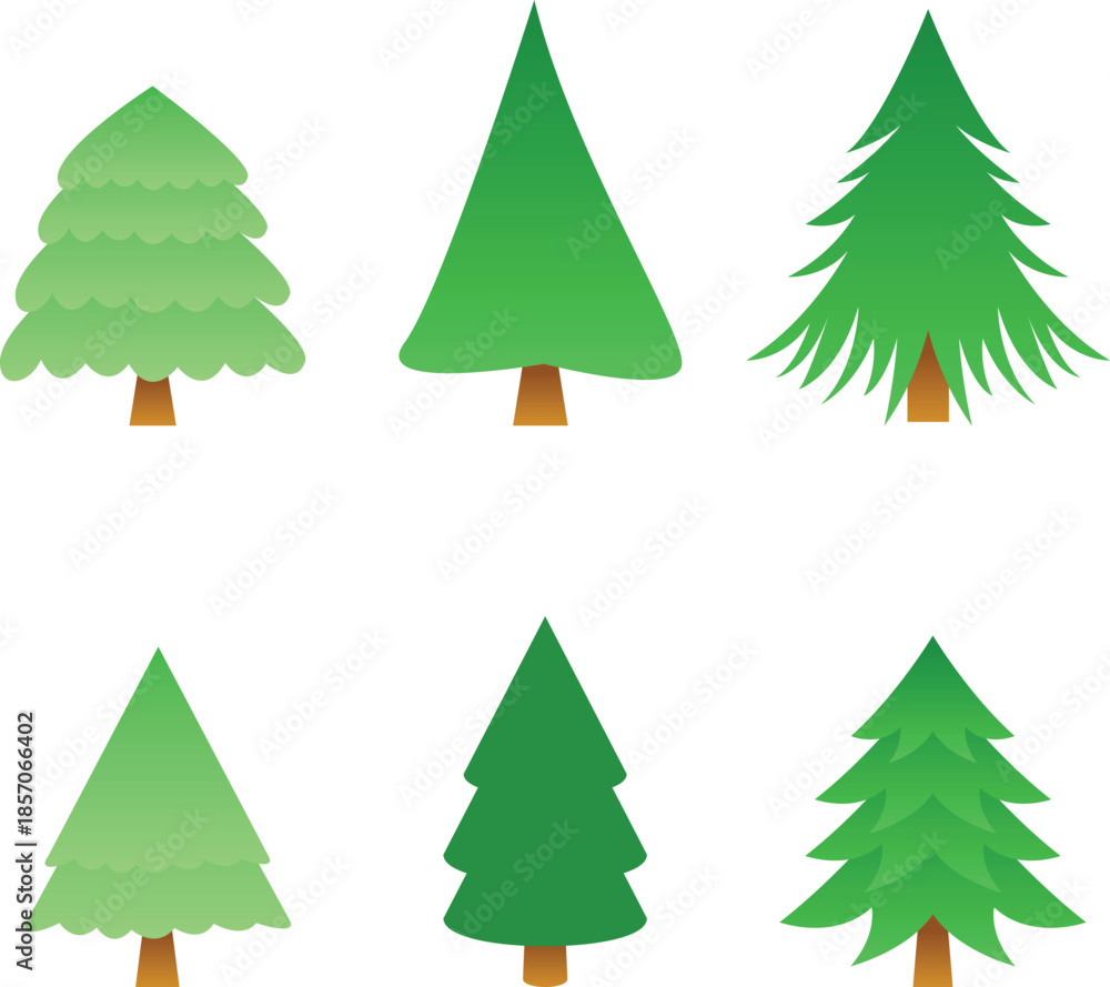 Obraz premium Flat Pine Tree Vector Set with Minimal Evergreen Christmas Trees in Green Shades