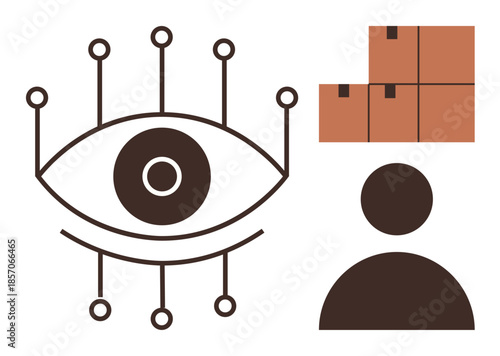 Eye with networked lines suggesting technology and surveillance beside person silhouette with stacked boxes. Ideal for logistics, management, vision, technology, surveillance, oversight, innovation
