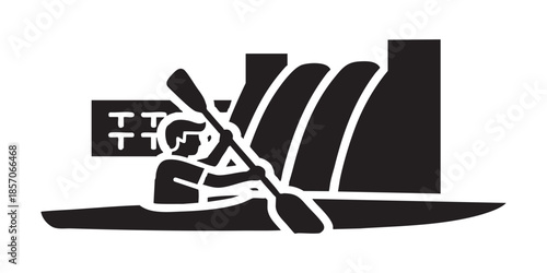 Athlete man in a kayak boat with oars solid icon, summer Sportsman at dam with paddle, kayaking sign on white background, style icon mobile or web design