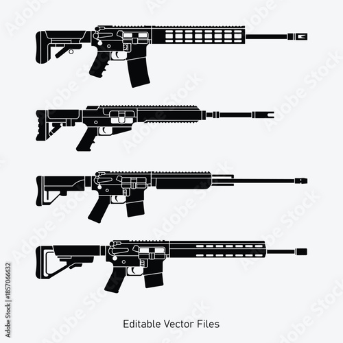 Modern Assault Rifle Weapon Silhouette Vector Set Editable Military Firearm Illustration