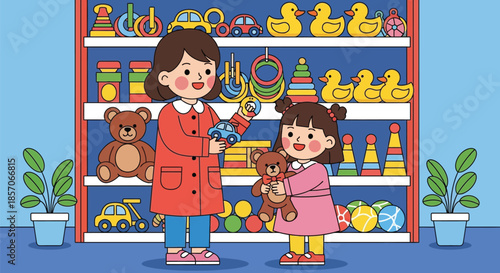 Two young girls standing in front of a toy shelf in a colorful children's room with educational toys and stuffed animals.