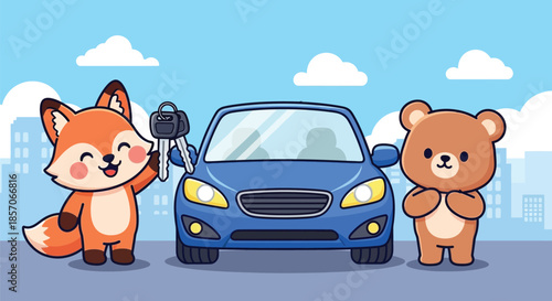 Cartoon illustration of a smiling fox and a brown teddy bear standing beside a blue car with a cityscape background under a cloudy sky.