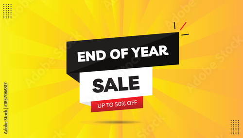end of year sale up to 50% off editable sticker icon label eps format banner template design with black white red gradient shapes white bold font yellow orange abstract hot gradient background
