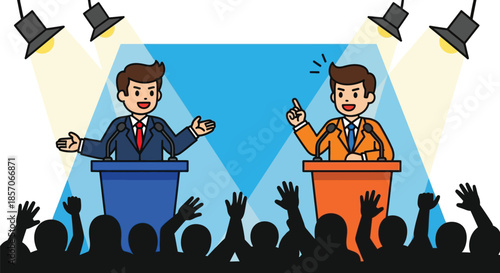 Two cartoon businessmen standing at podiums with their hands raised in a debate or discussion setting with a crowd and spotlights.