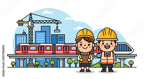 Two construction workers standing in front of a cityscape with a train and crane, wearing hard hats and safety gear, with a colorful and lively urban background.