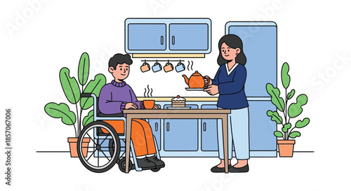 Illustration of a woman pouring tea for a man in a wheelchair at a kitchen table with plants and cabinets in the background.