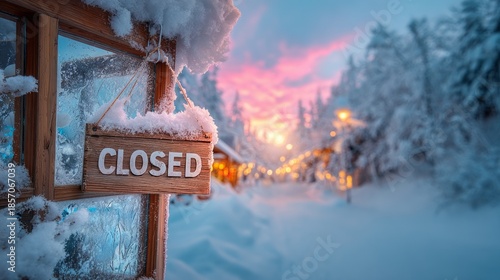 Close up of a wooden closed sign hanging on a shop door, surrounded by snow, with a beautiful sunset and soft lights illuminating the winter scene, creating a serene atmosphere