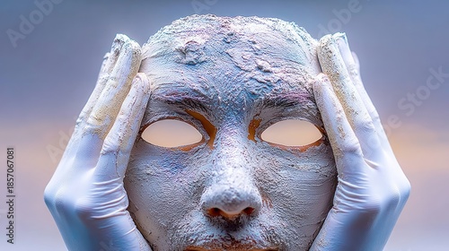 Minimalist photo of white gloves applying gray clay mask to a face, showcasing the beauty treatment process with a soft, blurred background and serene ambiance