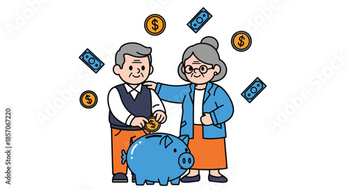 Elderly couple putting coins into a piggy bank with money flying around them on a white background with a playful mood.