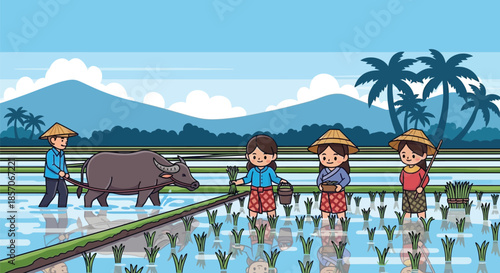 Illustration of farmers planting rice seedlings in a paddy field with a water buffalo, wearing traditional hats and clothing, against a backdrop of mountains and palm trees.