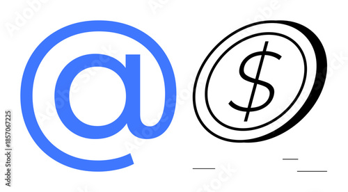 E-commerce, digital transactions, online money transfer, financial technology, internet banking, economic growth. Blue at symbol and dollar coin in minimal style. E-commerce and digital transactions