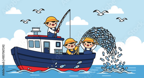 Cartoon illustration of three men fishing on a boat with a large net against a blue sky with white clouds and flying seagulls.