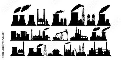 Black silhouette vector set of industrial factory buildings, oil rigs, and power plants, representing energy production and pollution concepts,