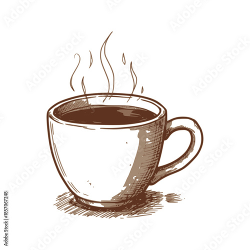Minimalist black line art of a steaming coffee cup and saucer hot beverage