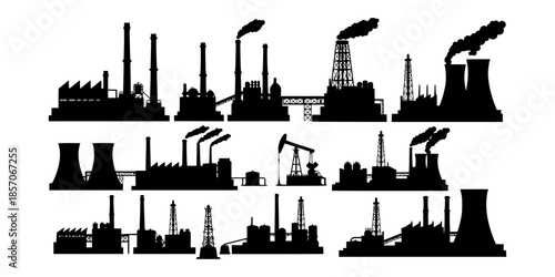 Black silhouette vector set of industrial factory buildings, oil rigs, and power plants, representing energy production and pollution concepts,