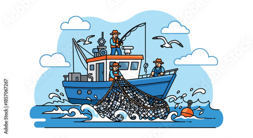 Illustration of a blue fishing boat with orange accents pulling a net in the ocean with seagulls flying overhead on a partly cloudy day.