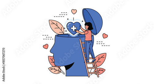 Illustration of a woman on a ladder repairing a heart on a large blue head with leaves and hearts around, in a graphic style.