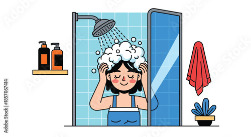 A cartoon woman washing her hair with shampoo in a shower, surrounded by bathroom essentials and a towel, with a plant nearby.