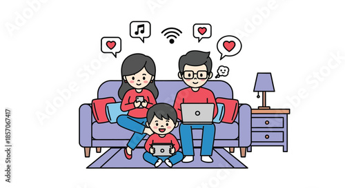 Illustration of a family of three sitting on a couch with digital devices, conveying a cozy and connected mood with a flat design style.
