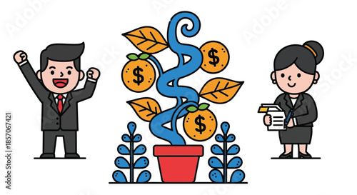 Illustration of a cheerful businessman celebrating and a woman holding papers beside a potted plant with dollar coins and leaves, conveying a joyful and prosperous mood.