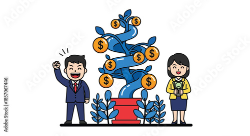 A cheerful businessman and a woman standing beside a money tree with dollar coins, conveying a joyful mood with a minimalist flat design.