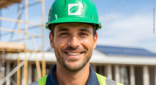Worker wearing a safety helmet on an active construction site with solar panels behind him, representing sustainable energy, modern industry, and efficient technical labor worldwide.