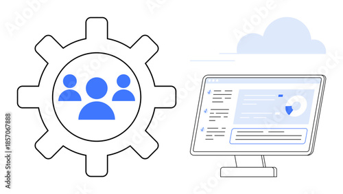 Team collaboration, project management, workflow optimization, software development, cloud computing, technology integration. Gear icon with team symbol and monitor displaying software interface