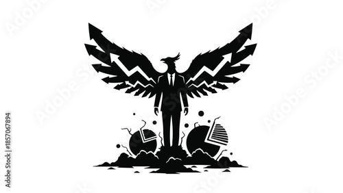 Dark fantasy angel standing amidst destruction and chaos