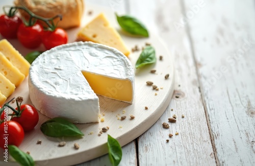 Assortment of cheeses on round board. Fresh cherry tomatoes and green basil leaves. Delicious cheese platter arranged on rustic white wood table. © Pete