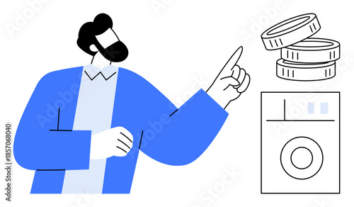 Financial planning, saving money, budget management, household expenses, laundry services, payment concepts. Man pointing at a washing machine and coin stack. Financial planning and saving money