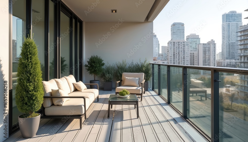 Fototapeta premium Modern balcony with sofa and chair offers city view. Outdoor furniture with plants, glass railing on apartment terrace. White wooden floor planks.