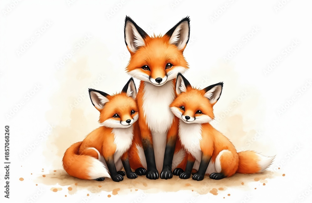 Obraz premium Watercolor painting of a mother fox and two kits sitting together on white background. Cute animal family illustration for children books. Adorable furry creatures in nature art style.