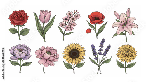 Collection of various types of blooming flowers in a diverse arrangement