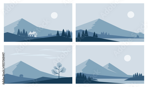 Minimalistic winter landscapes. Mountains, trees and moon. Vector illustrations in blue colors
