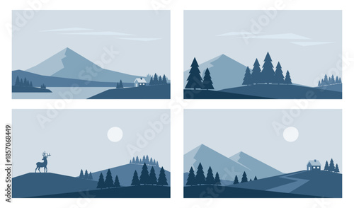 Minimalistic winter landscapes. Mountains, fir trees and moon. Vector illustrations in blue colors