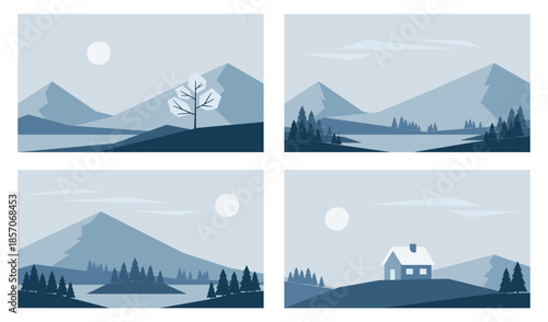 Minimalistic winter landscapes. Mountains, fir trees and lake. Vector illustrations in blue colors