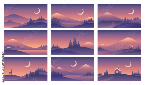 Minimalistic landscapes with mountains and night sky in purple colors. Vector gradient illustrations