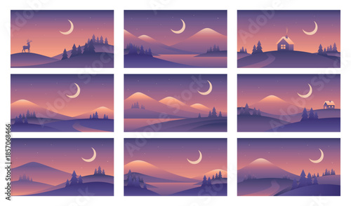 Set of minimalistic landscapes with mountains and moon on the night sky in purple colors. Vector gradient illustrations