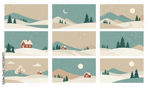 Minimalistic snowy winter landscape set. Vector design in Scandinavian style
