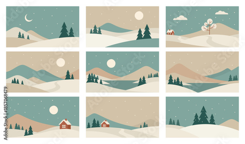 set of minimalistic snowy winter landscapes. Vector design in Scandinavian style