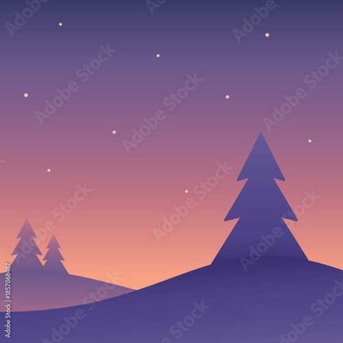 Minimalistic night landscape with fir trees and stars sky in purple colors. Vector gradient illustration