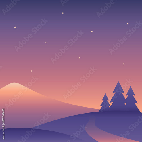 Minimalistic night landscape with road to the mountains and stars sky in purple colors. Vector gradient illustration