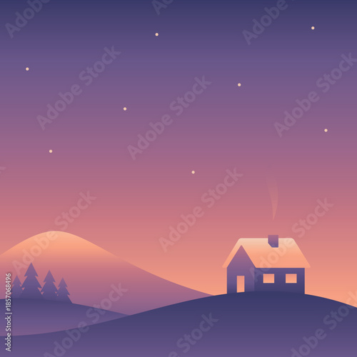 Minimalistic night landscape with house on the hill and mountain in purple colors. Vector gradient illustration
